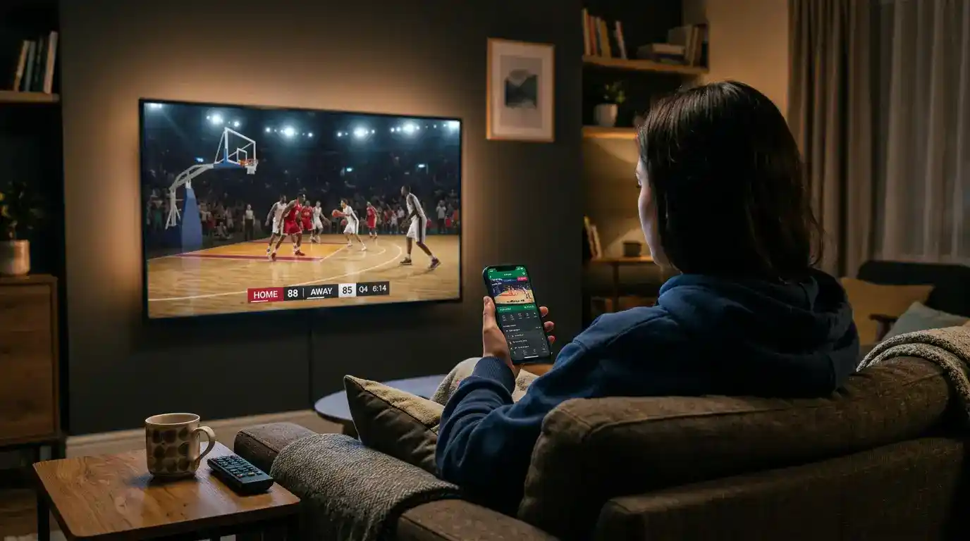Adepto a acompanhar um jogo NBA ao vivo no telemóvel numa sala com televisão