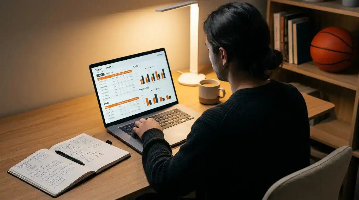 Analista a estudar estatísticas de basquetebol NBA num computador portátil