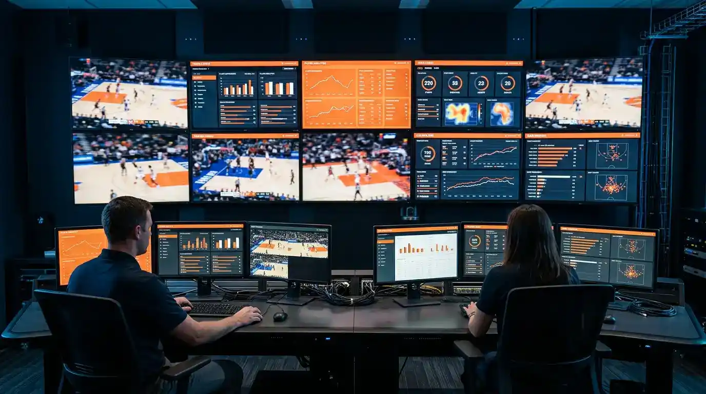 Sala de controlo com ecrãs a monitorizar dados de jogos de basquetebol NBA