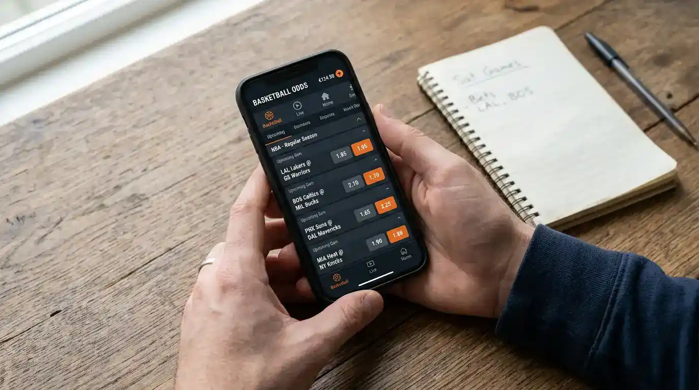 Ecrã de telemóvel com mercados de apostas de basquetebol NBA