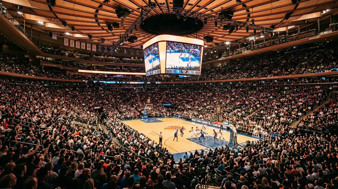 Arena de basquetebol NBA durante um jogo com adeptos nas bancadas
